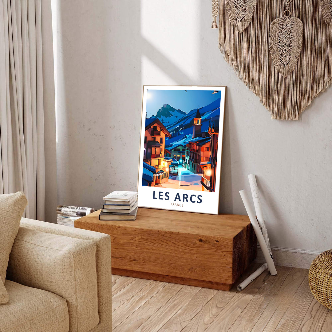 Crisp evening skies settle over a charming winter resort village in this Les Arcs poster created for mountain lovers. Order your piece on stretched canvas, unframed, or framed display.