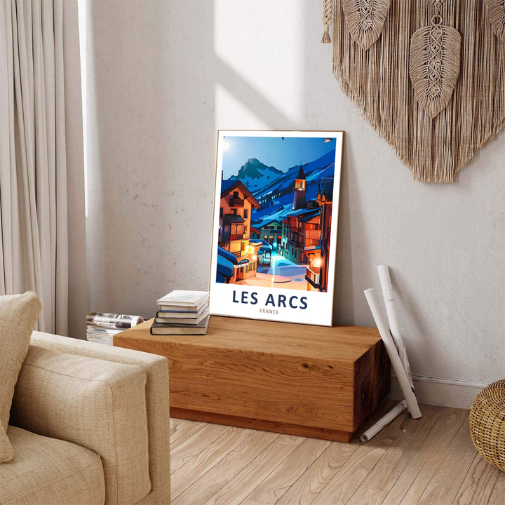 Crisp evening skies settle over a charming winter resort village in this Les Arcs poster created for mountain lovers. Order your piece on stretched canvas, unframed, or framed display.