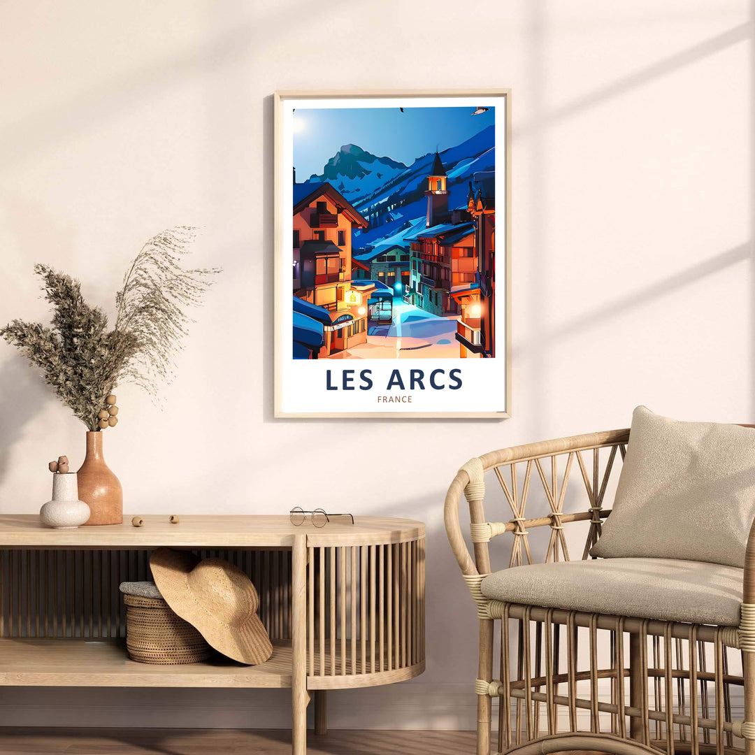 Traditional Alpine architecture and a prominent clock tower spire frame high ski slopes in this Les Arcs print. Custom options include an unframed art poster, dark wood frame, or stretched canvas format.