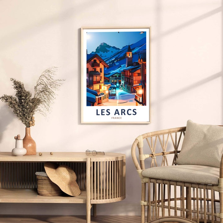 Traditional Alpine architecture and a prominent clock tower spire frame high ski slopes in this Les Arcs print. Custom options include an unframed art poster, dark wood frame, or stretched canvas format.