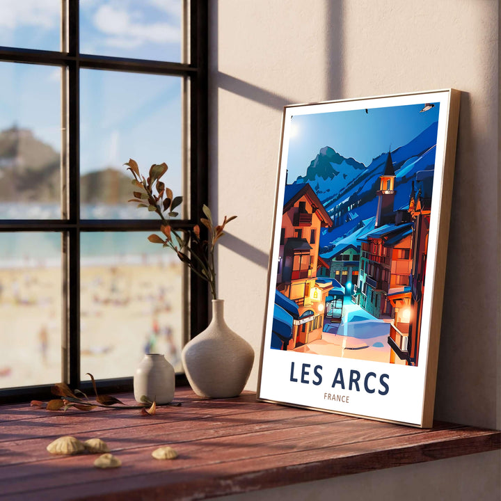 A tranquil evening view of Les Arcs 1950 ski village set against high Alpine summits in this Les Arcs print. Choose between unframed paper print, canvas print, or framed options.