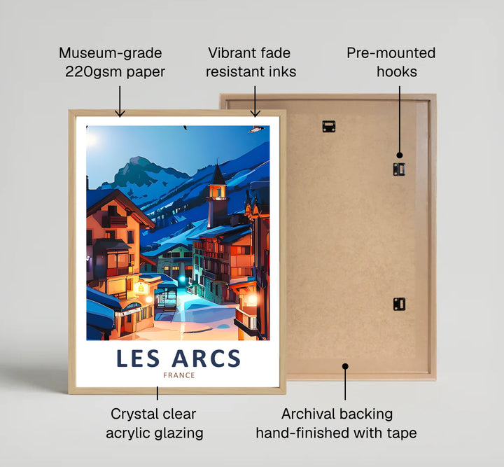 Dramatic Alpine ridges tower over a picturesque ski village in this Les Arcs print set in Savoie, France. Customers can select a stretched canvas print, dark wood frame, or unframed paper print.