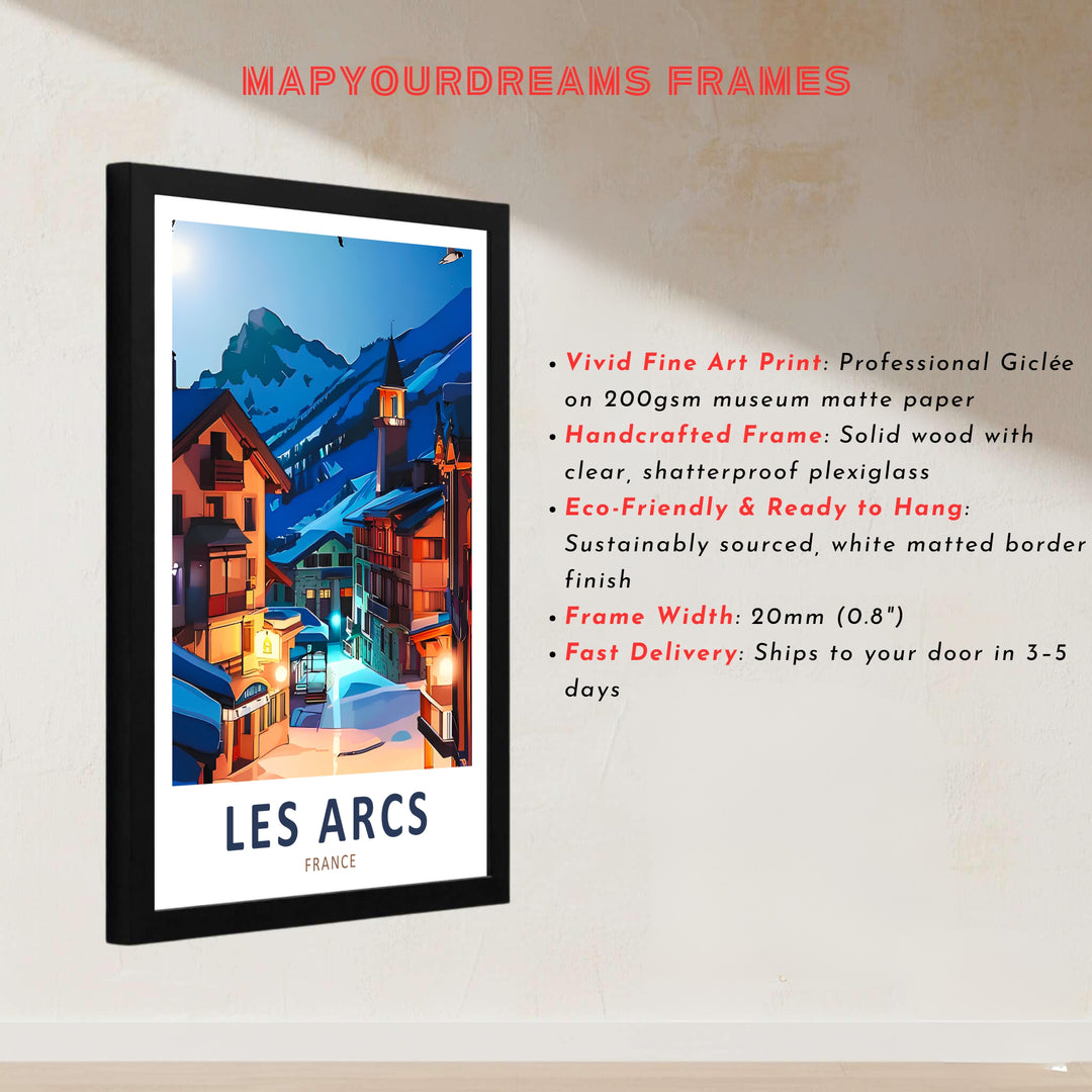 An inviting winter resort perspective makes this Les Arcs poster a breathtaking focal point for lodge or living room decor. Available as gallery canvas, framed art, or unframed poster print.