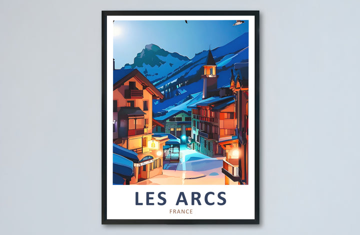 Rich timber chalet textures and soft snow reflections elevate this Les Arcs print design by MapYourDreams set in the French Alps. Buyers can choose an unframed poster, framed display, or canvas.