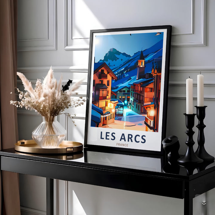 Expressive vector artwork highlights evening streetlights and snow-covered rooftops in this Les Arcs wall art design celebrating the French Alps. Order as canvas, framed print, or poster.