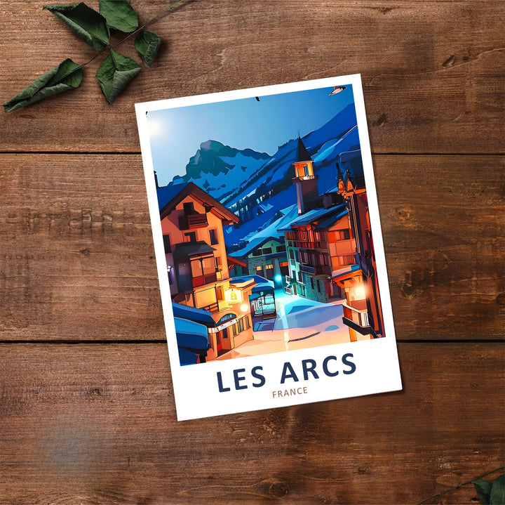 Cozy ski vacation vibes radiate from this Les Arcs wall art illustrating the pedestrian village of Les Arcs 1950. Decorate with a canvas print, white frame, or unframed paper poster.