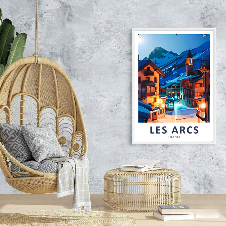 Iconic French Alps winter heritage shines in this Les Arcs print celebrating alpine skiing and mountain retreat adventures. Offered in options including an unframed art poster, wood frame print, or canvas.