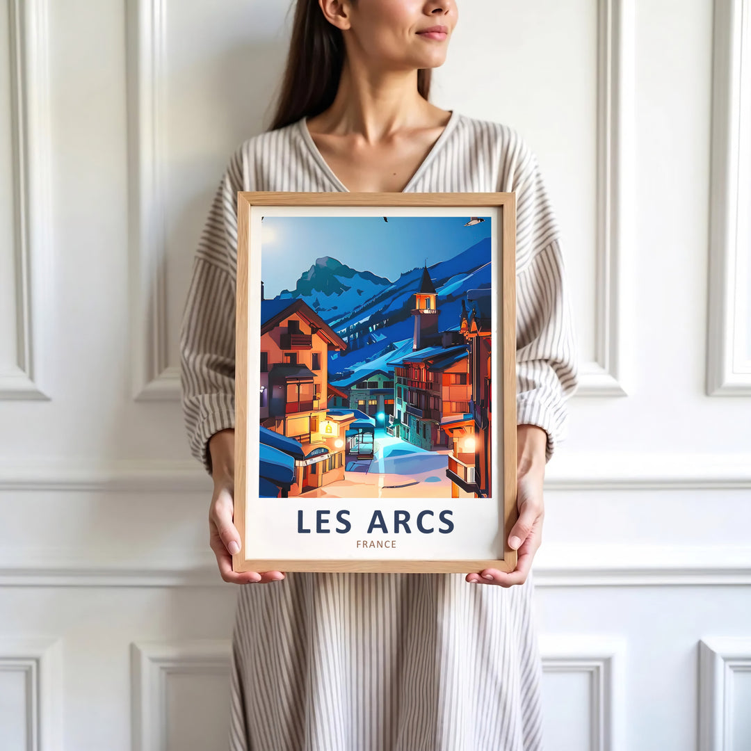 Evening light reflections on snowy paths create a magical atmosphere in this Les Arcs poster set in Savoie. Upgrade your space with a canvas print, framed art, or poster.
