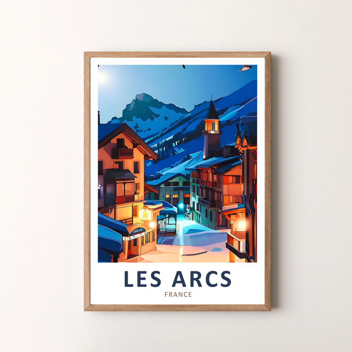 Famous French ski resort scenery and glowing village lights highlight this Les Arcs travel poster featuring Les Arcs 1950. Available for purchase as an unframed print, wrapped gallery canvas, or framed setup.
