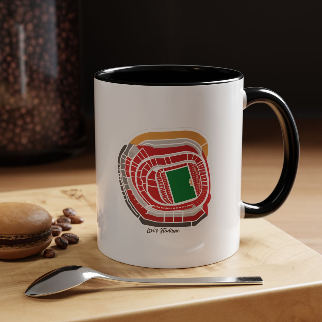A sleek black Levi’s Stadium mug showcasing a high-contrast stadium illustration, styled in a modern, minimalist décor environment. Perfect for fans who prefer understated elegance while still celebrating the San Francisco 49ers. Ideal for coffee, tea, office use, or game-day routines.