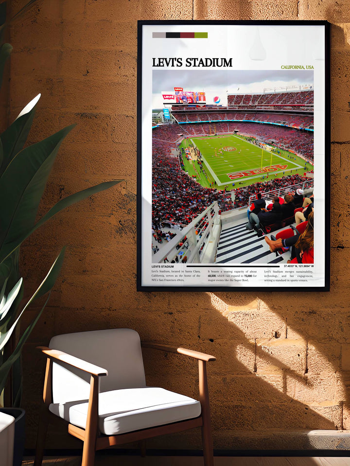 Detailed and vibrant portrayal of Levi Stadium during a San Francisco 49ers match, an essential decor piece for any NFL aficionado, capturing the excitement and energy of a live game.