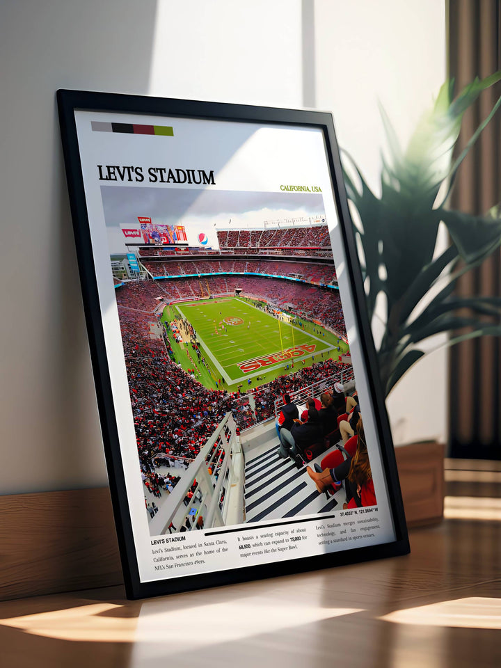 Detailed and vibrant portrayal of Levi Stadium during a San Francisco 49ers match, an essential decor piece for any NFL aficionado, capturing the excitement and energy of a live game.