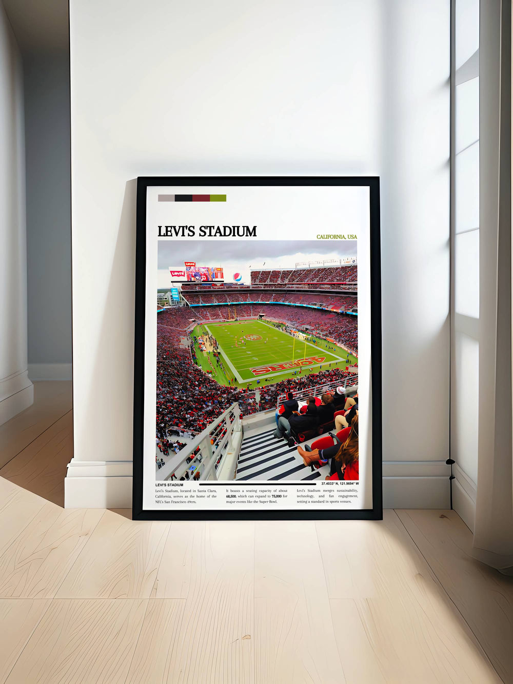 Vibrant NFL art featuring Levi Stadium, home of the San Francisco 49ers, ideal for enhancing any sports fans living space or office, with a dynamic portrayal of fans cheering on game day.