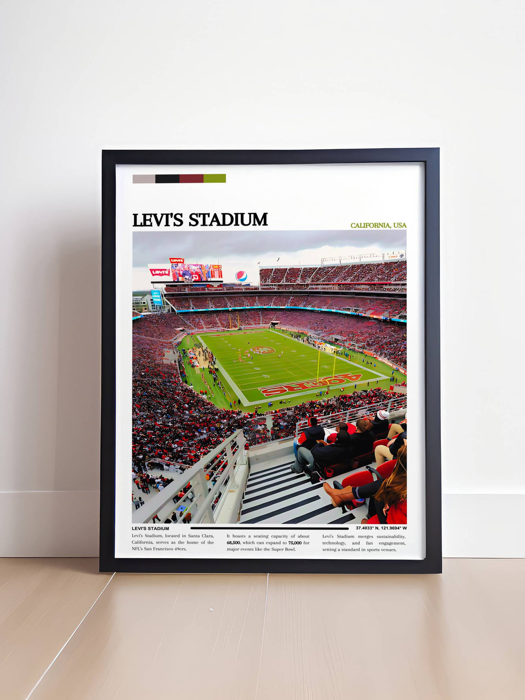  Artistic representation of Levi Stadium with a lively crowd, a must-have for San Francisco 49ers fans and collectors of sports memorabilia, illustrating the thrilling atmosphere of a football game.