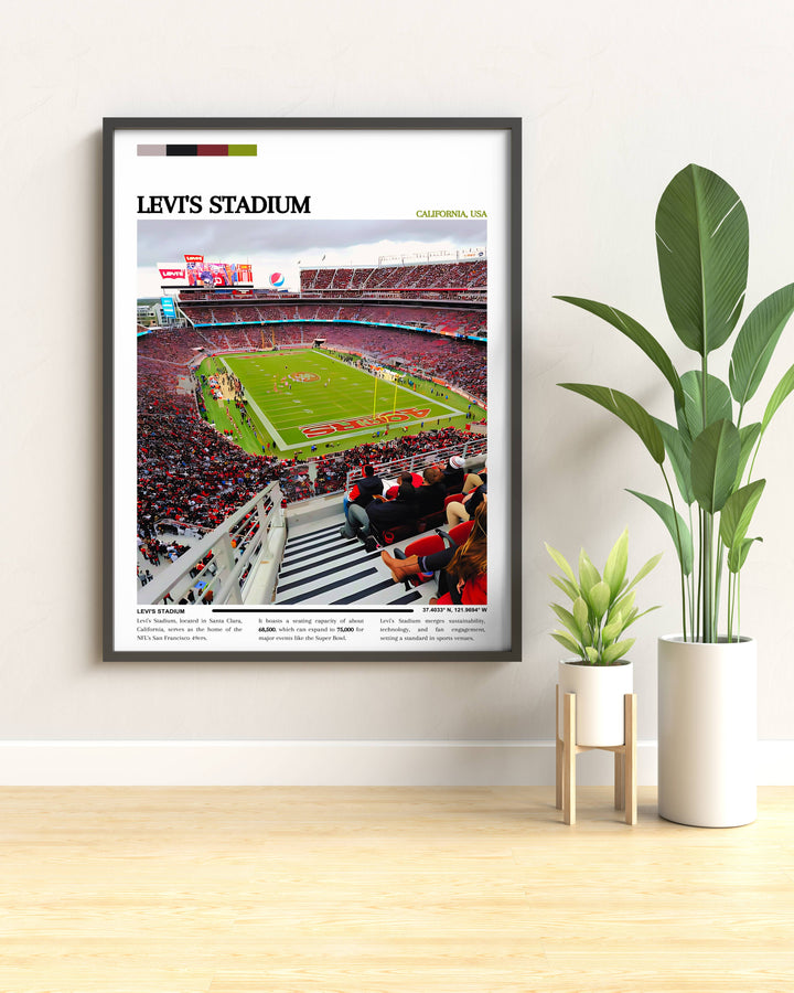 Unique housewarming gift, a vibrant Levi Stadium poster that embodies the excitement of NFL games and San Francisco 49ers team spirit, ideal for any sports lover's new home or apartment.