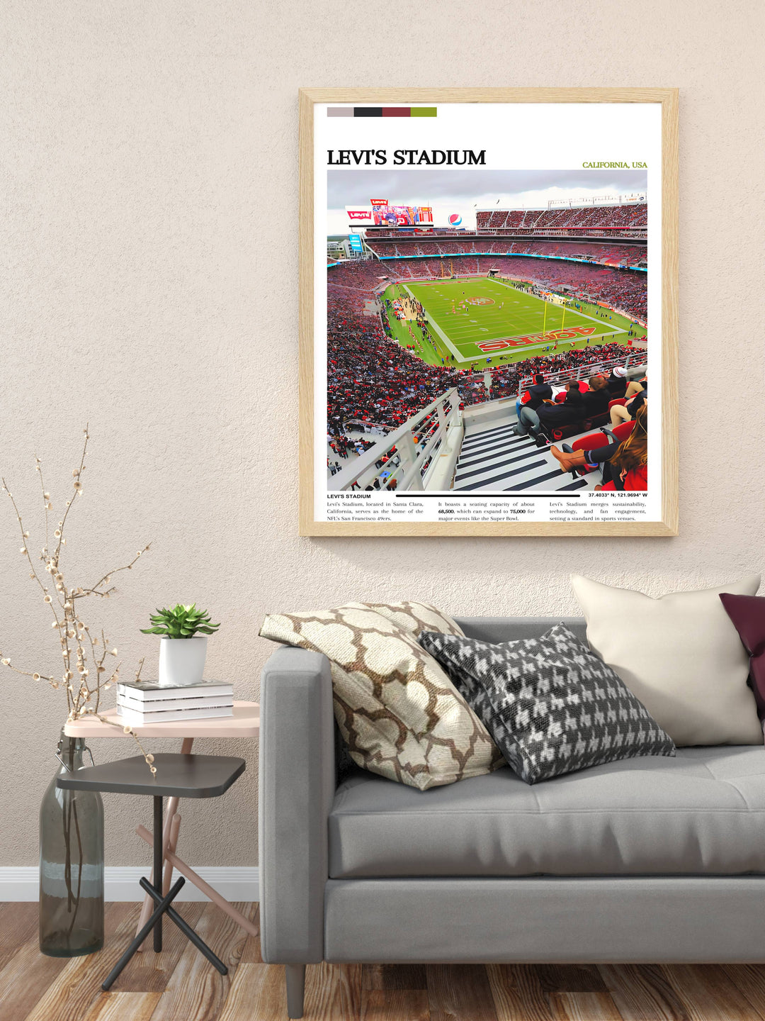 Eye-catching San Francisco 49ers poster depicting the iconic Levi Stadium, perfect for adding a touch of NFL magic to any room, with a vivid display of team colors and fan excitement.