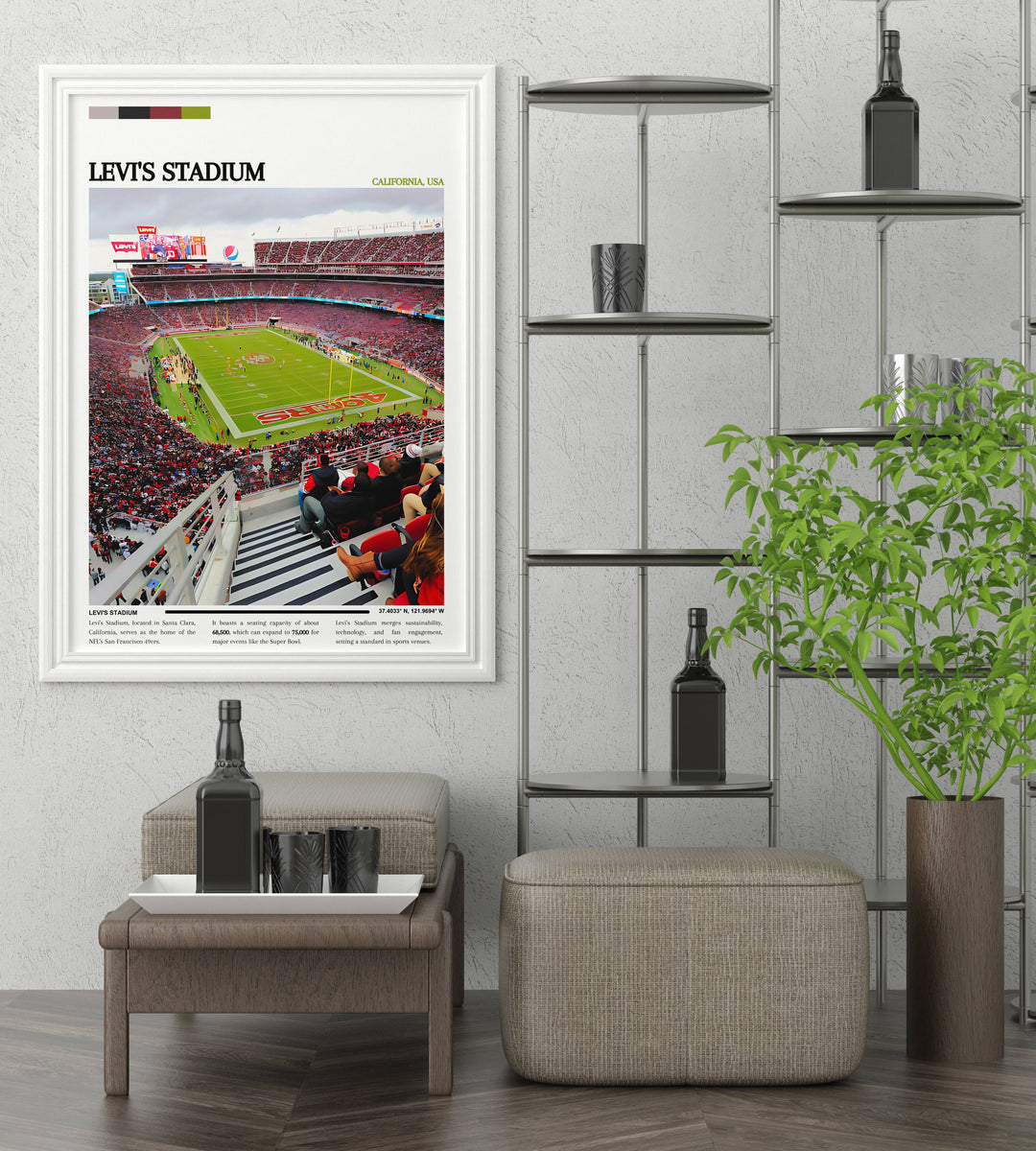 Colorful and dynamic NFL art piece of Levi Stadium, celebrating the spirit and energy of San Francisco 49ers football, a great addition to any sports fans collection or game room decor.