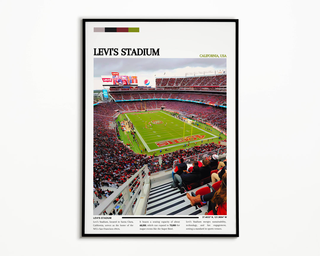 Detailed and striking poster of Levi Stadium, showcasing the San Francisco 49ers on game day, perfect as a focal point in any NFL enthusiast's room, capturing the excitement and spirit of the crowd.