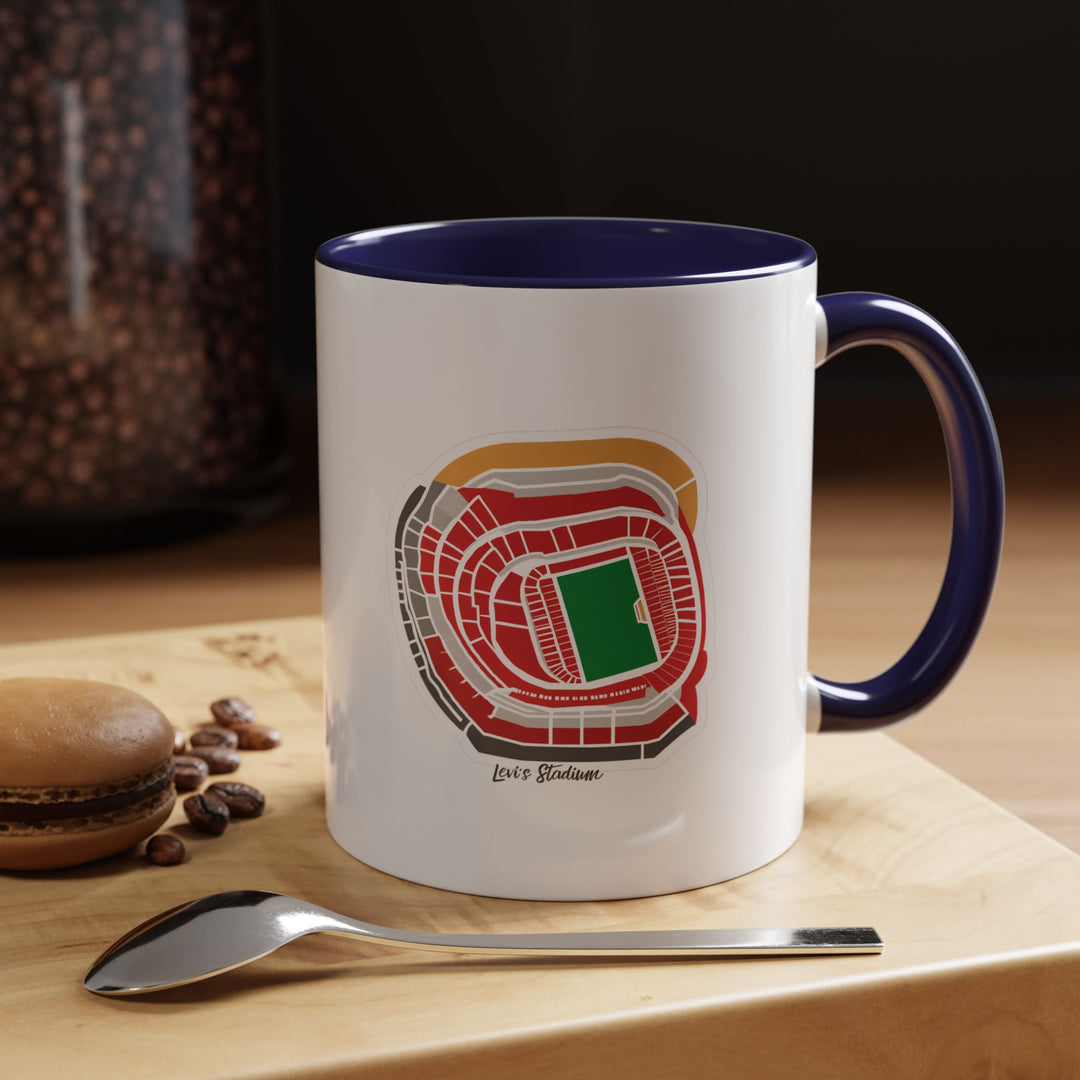 A navy blue Levi’s Stadium mug with a refined matte tone and precise stadium artwork. Photographed in a cozy work desk setting, perfect for supporters who enjoy subtle yet meaningful fan representation. The deep color gives it a classy aesthetic while keeping the stadium illustration the focal point.