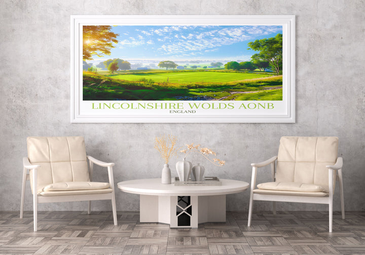 Artwork capturing the pastoral beauty of the Lincolnshire Wolds, suitable for those decorating with themes of natural tranquility.