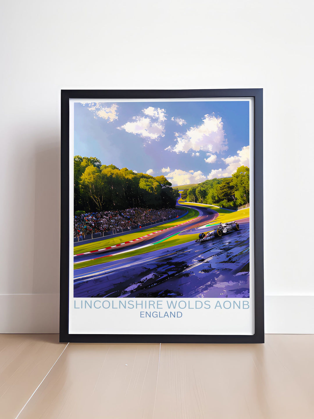 Cadwell Park wall art capturing the excitement of race day with dynamic visuals of the track and its lush surroundings.