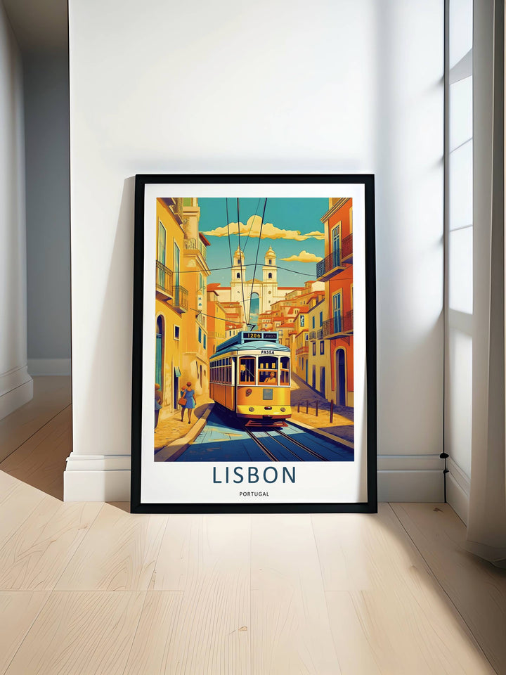 Luxury home decor displaying a multi-colored Lisbon travel print. The image relies on vibrant color blocks of amber, teal, and coral to illustrate a classic Portuguese hill climb scene.