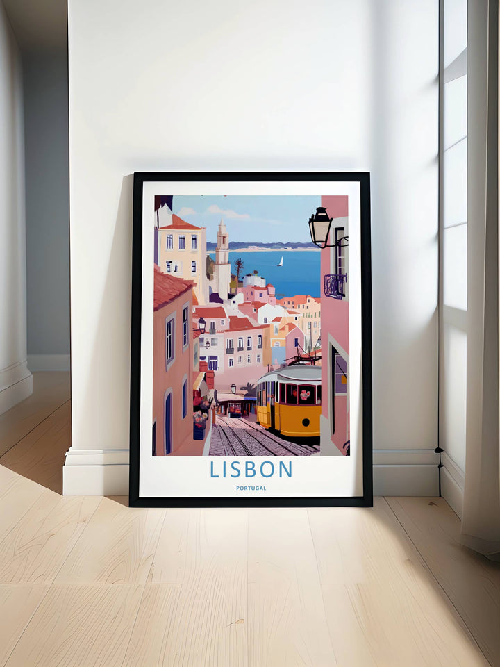 Close-range shot of the clean typography border on a Lisbon modern vector print from MapYourDreams, showing a minimalist layout below an ocean hillside graphic.