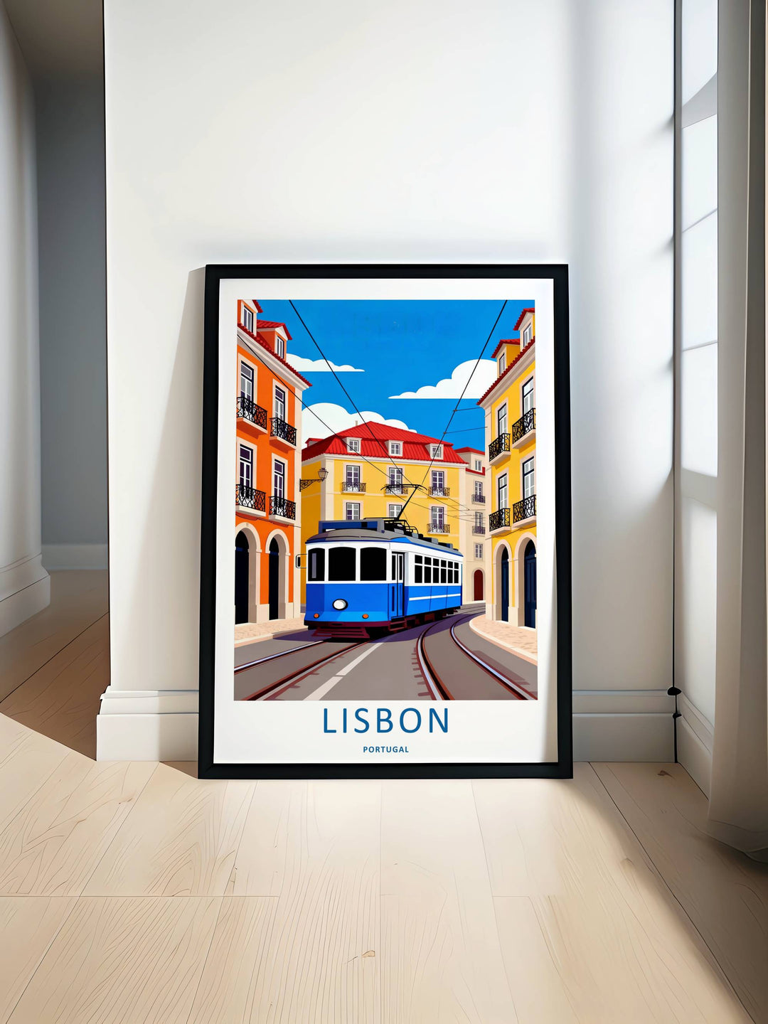 Artistic home gallery setup featuring a colorful Lisbon framed print by MapYourDreams, utilizing a striking flat vector color palette of orange, blue, and gold.