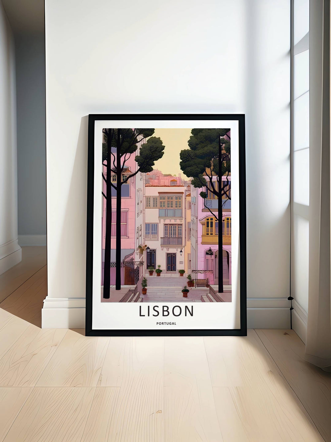 Close-range view of the typography border on a Lisbon illustration print from MapYourDreams, framing a quiet neighborhood courtyard scene with crisp white margins.