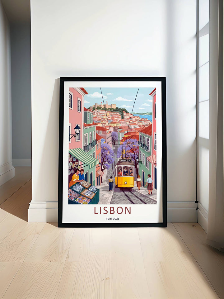 Artistic home gallery setup featuring a colorful Lisbon framed print by MapYourDreams, highlighting a bright Mediterranean daytime palette of pink, green, and gold.