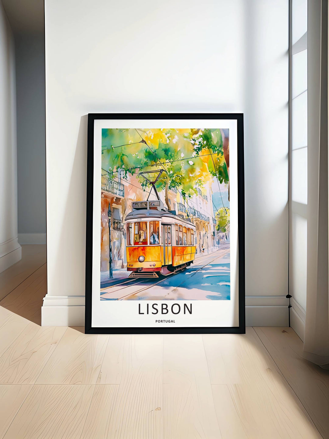Artistic home gallery setup featuring a Lisbon framed watercolor print by MapYourDreams, utilizing an expressive daytime palette of sunny yellows and emerald greens.