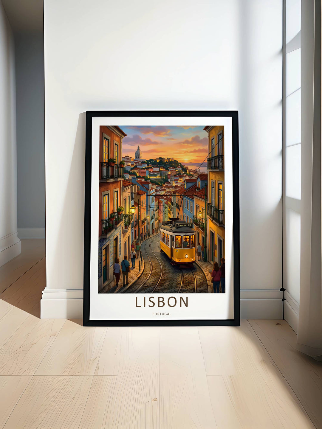 Clean vector graphic poster from MapYourDreams focusing on a vintage Lisbon transportation theme. The composition uses precise geometric shapes to define a historic public rail car passing old-world European buildings.