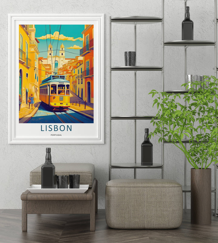 Editorial product shot of a framed Lisbon travel graphic capturing the historic beauty of Portugal. Stylized clouds float above a grand white cathedral, anchoring a busy urban hill scene.
