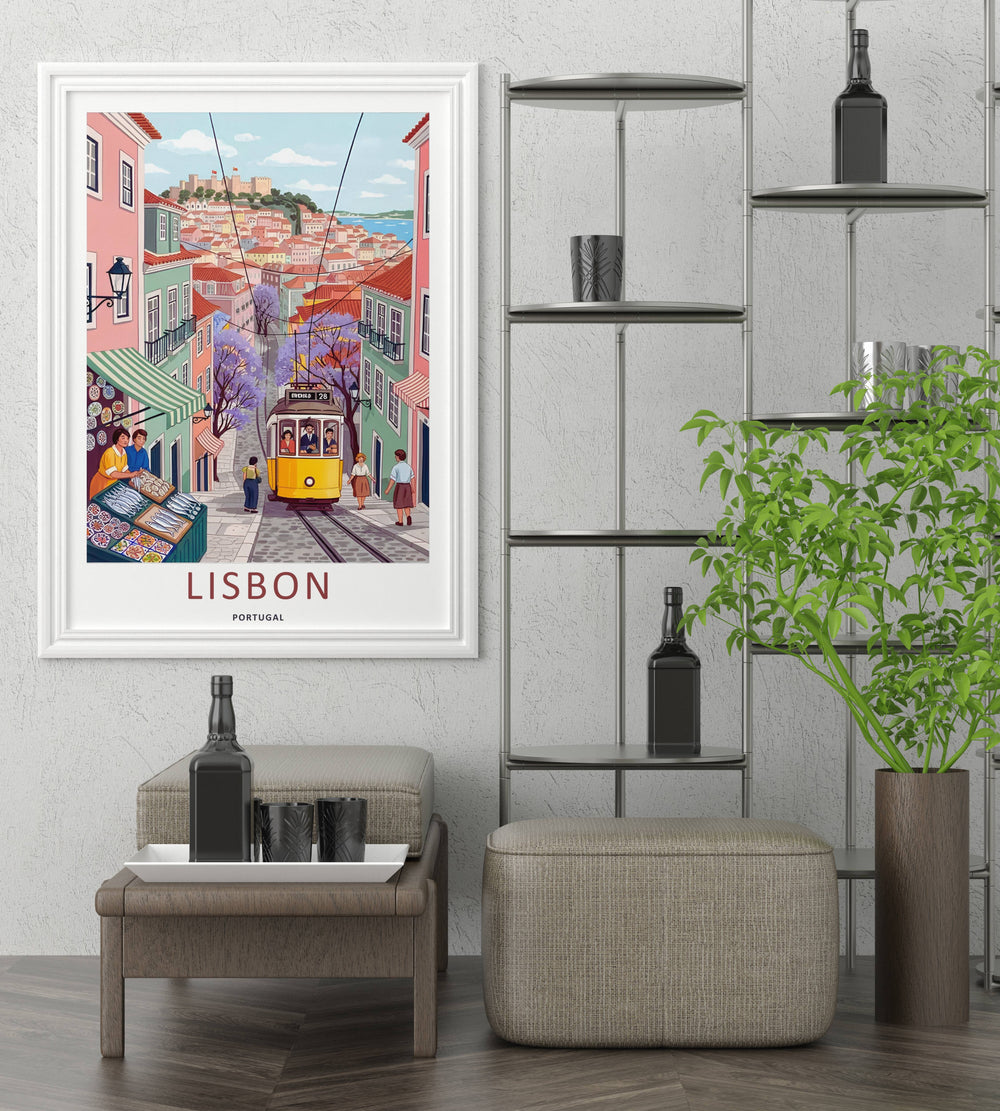 A framed Lisbon travel poster from MapYourDreams, depicting a vibrant daytime street scene with a yellow tram descending a hill past a local seafood market stall.