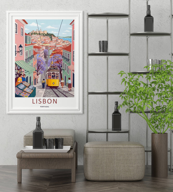 A framed Lisbon travel poster from MapYourDreams, depicting a vibrant daytime street scene with a yellow tram descending a hill past a local seafood market stall.