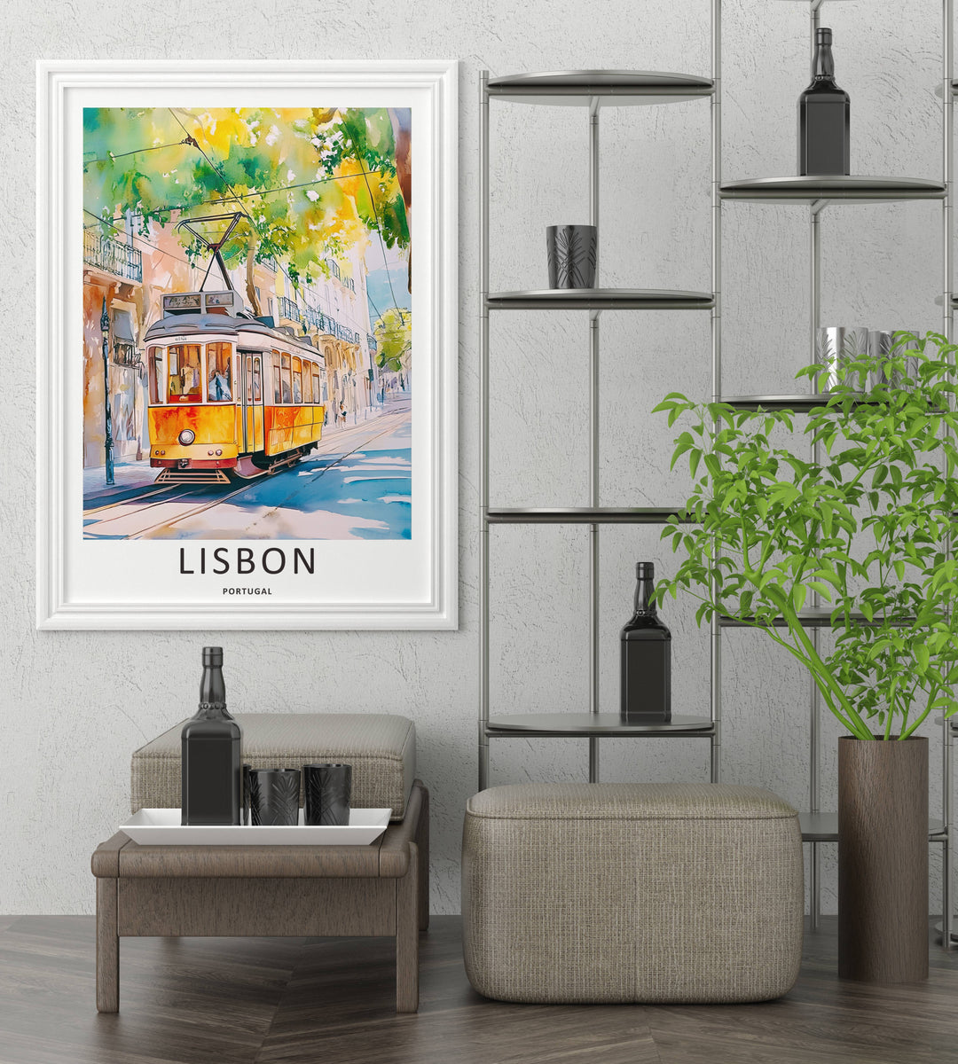 Clean watercolor design from MapYourDreams focusing on a Lisbon transportation theme, capturing the blurred, painted movement of an old-world yellow trolley car.
