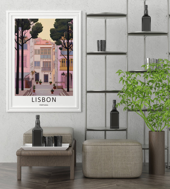 Artistic home gallery setup featuring a colorful Lisbon framed print by MapYourDreams, highlighting a clean architectural palette of pink, white, and olive green.