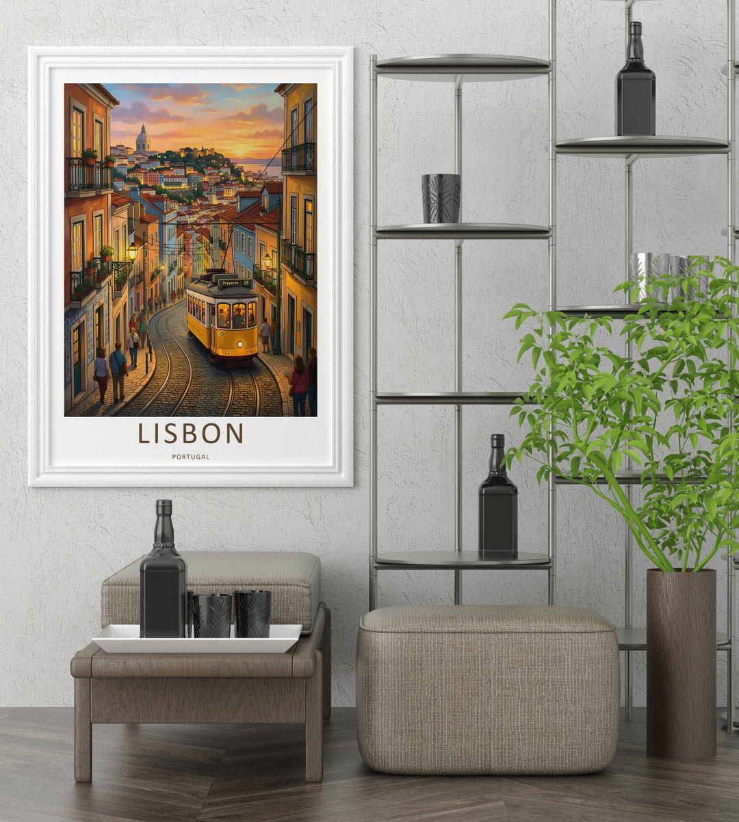Museum-style presentation of a canvas Lisbon print by MapYourDreams. The detailed illustration uses blocked shading to depict winding cobblestone steps and pedestrians wearing diverse casual summer attire.