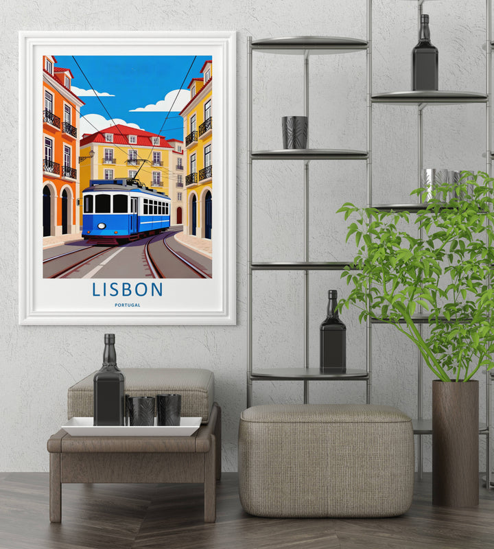 Clean vector poster design from MapYourDreams focusing on a Lisbon coastal transit theme, capturing a bold blue electric tram car on a curved track view.