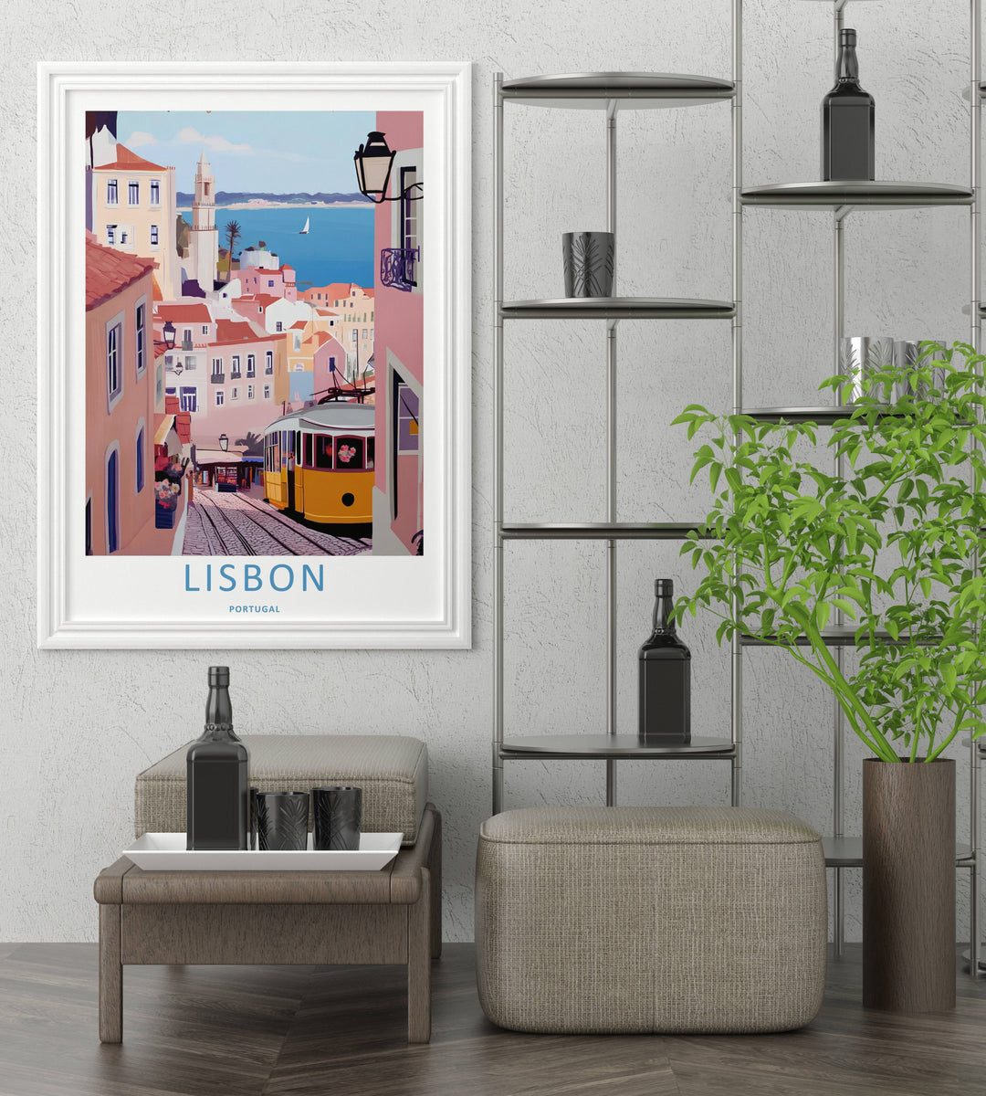 Artistic home gallery display showcasing a Lisbon framed wall art print by MapYourDreams, utilizing a fresh daytime color palette of blush pink and yellow.