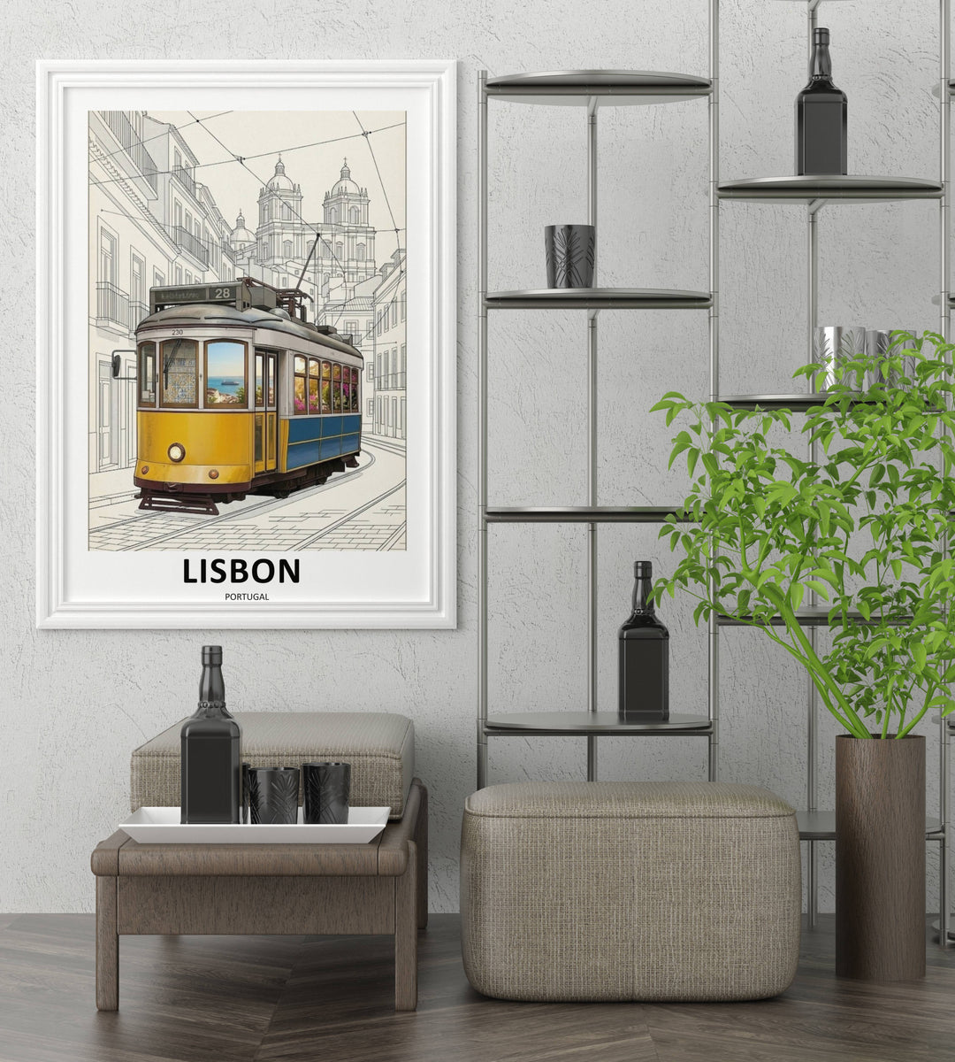 Close-up of clean sans-serif text layout on an off-white poster border beneath an earthy, neutral-toned modern graphic illustration of iconic public transport in Lisbon.