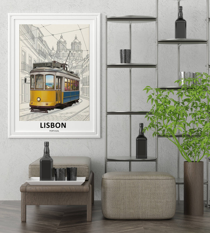 Close-up of clean sans-serif text layout on an off-white poster border beneath an earthy, neutral-toned modern graphic illustration of iconic public transport in Lisbon.