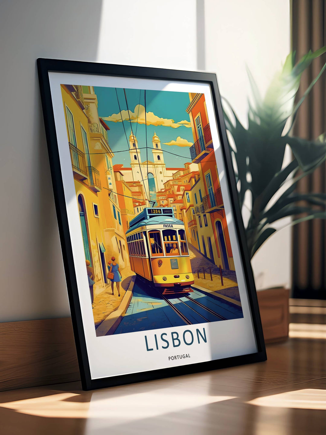 Brightly illuminated Lisbon wall decor presenting an eye-level view of an iconic public transit car on a slope. Warm sunlight accents the yellow metal frame against cool turquoise street shadows.