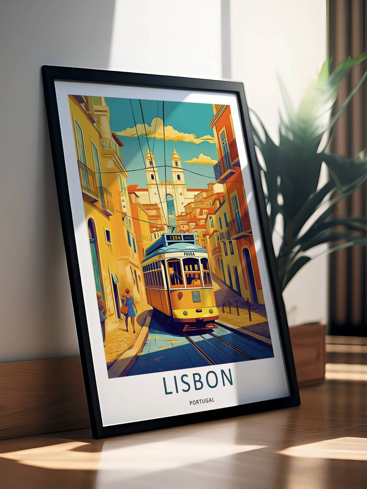 Brightly illuminated Lisbon wall decor presenting an eye-level view of an iconic public transit car on a slope. Warm sunlight accents the yellow metal frame against cool turquoise street shadows.