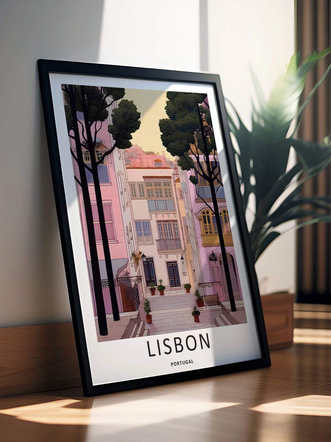 Clean vector poster design from MapYourDreams focusing on a Lisbon residential theme, capturing a peaceful cobblestone stairway flanked by old-world windows.