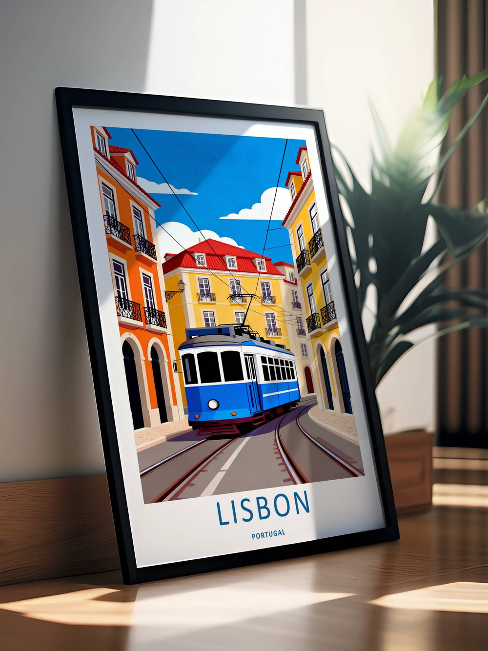 Symmetrical perspective of a geometric Lisbon architectural print by MapYourDreams, featuring stark lines, flat color blocks, and a bold blue trolley on steel tracks.