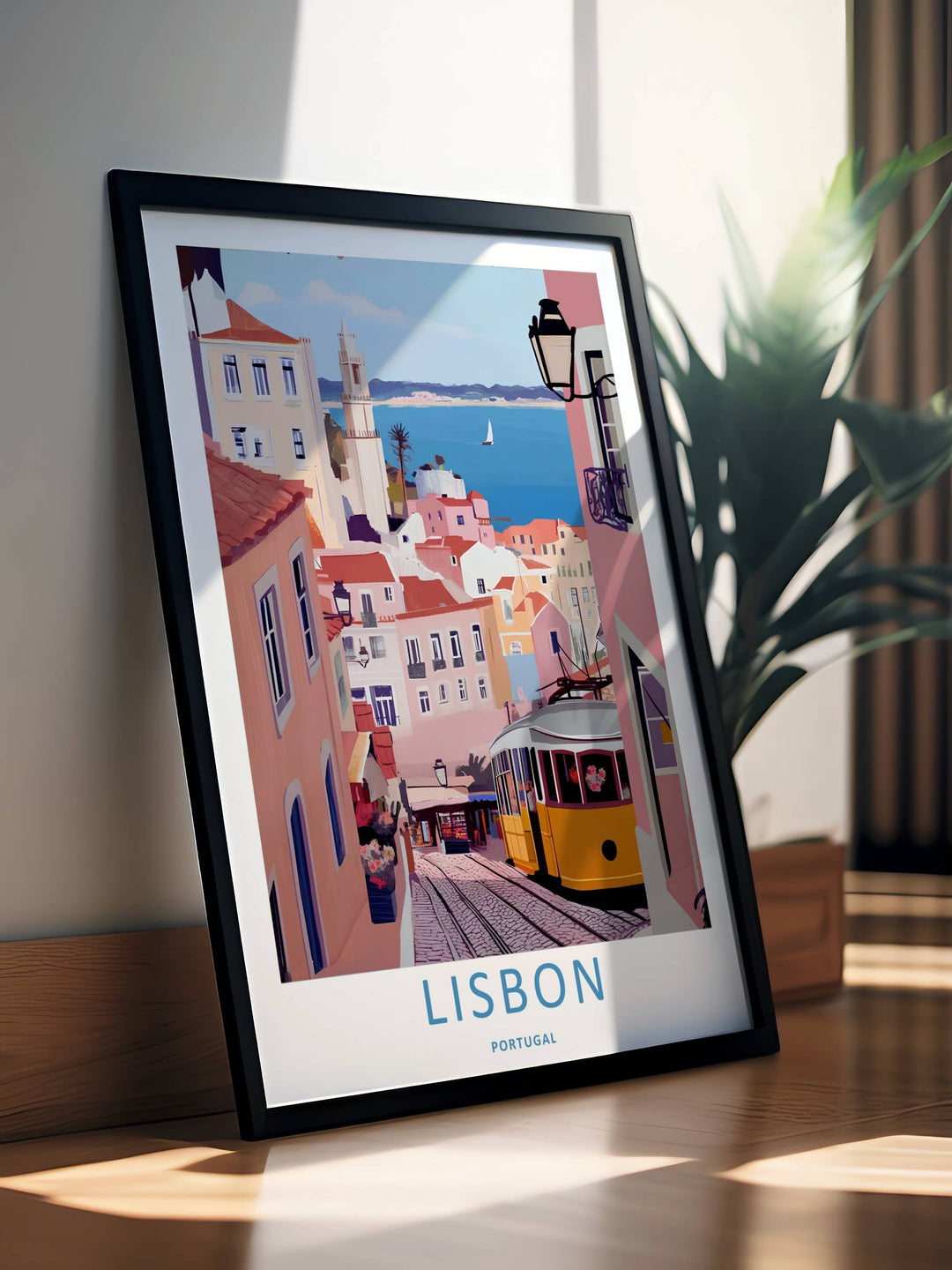 Clean vector poster design from MapYourDreams focusing on a Lisbon coastal transit theme, capturing a classic public streetcar on a steep cobblestone road.