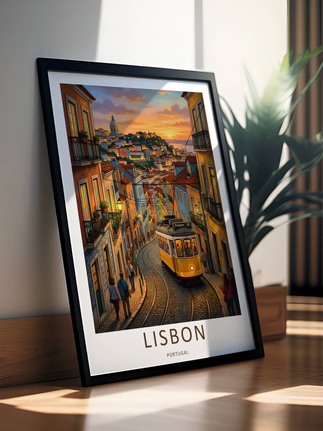 Editorial product shot of a framed retro Lisbon travel graphic, showcasing the ornate balconies and traditional blue tile azulejos patterns on residential blocks created by the curators at MapYourDreams.
