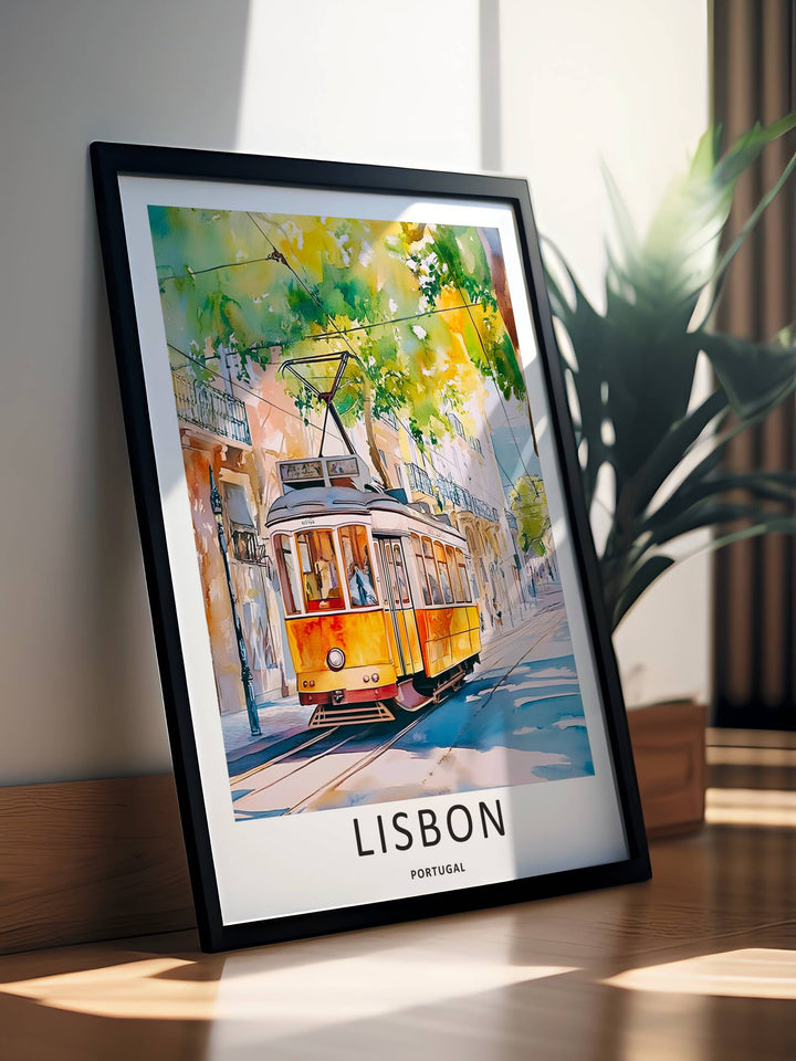 Luxury interior display of an artistic Lisbon streetscape watercolor print from MapYourDreams, where loose paint washes evoke traditional Mediterranean architecture.