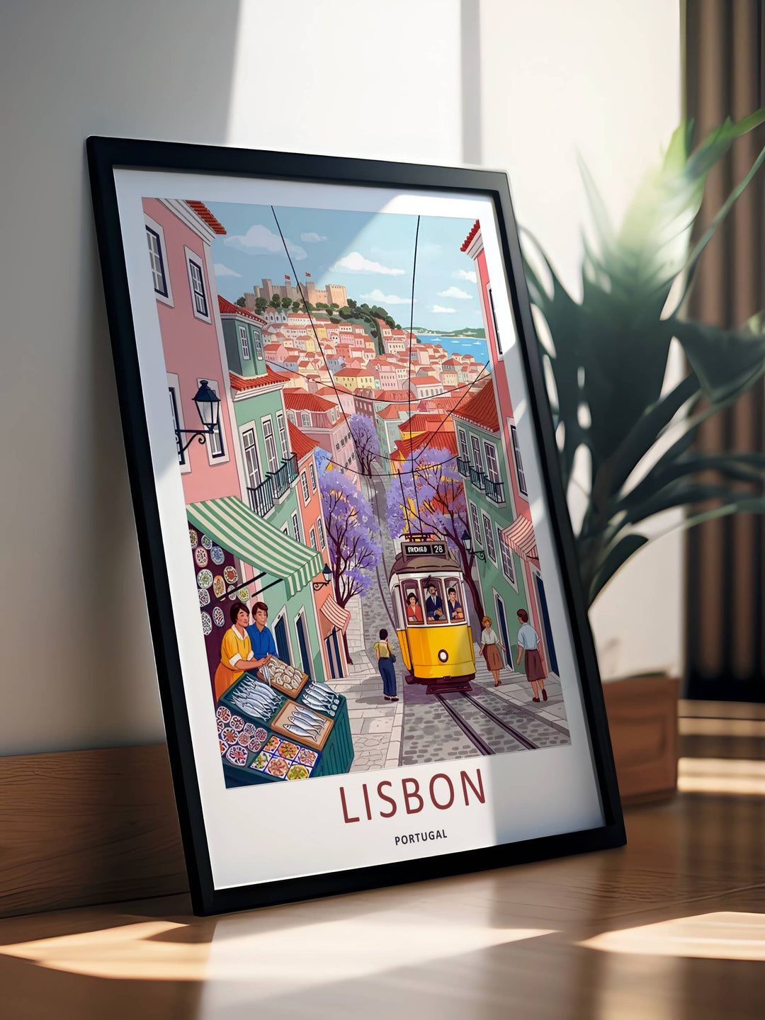 Clean vector graphic poster from MapYourDreams showcasing a Lisbon transportation theme, focusing on the curved tracks and iron power cables above a yellow trolley.